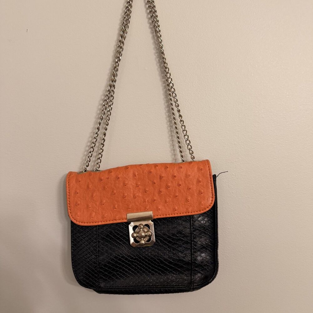 Black & Burnt Orange Faux Ostrich Embossed Shoulder Bag